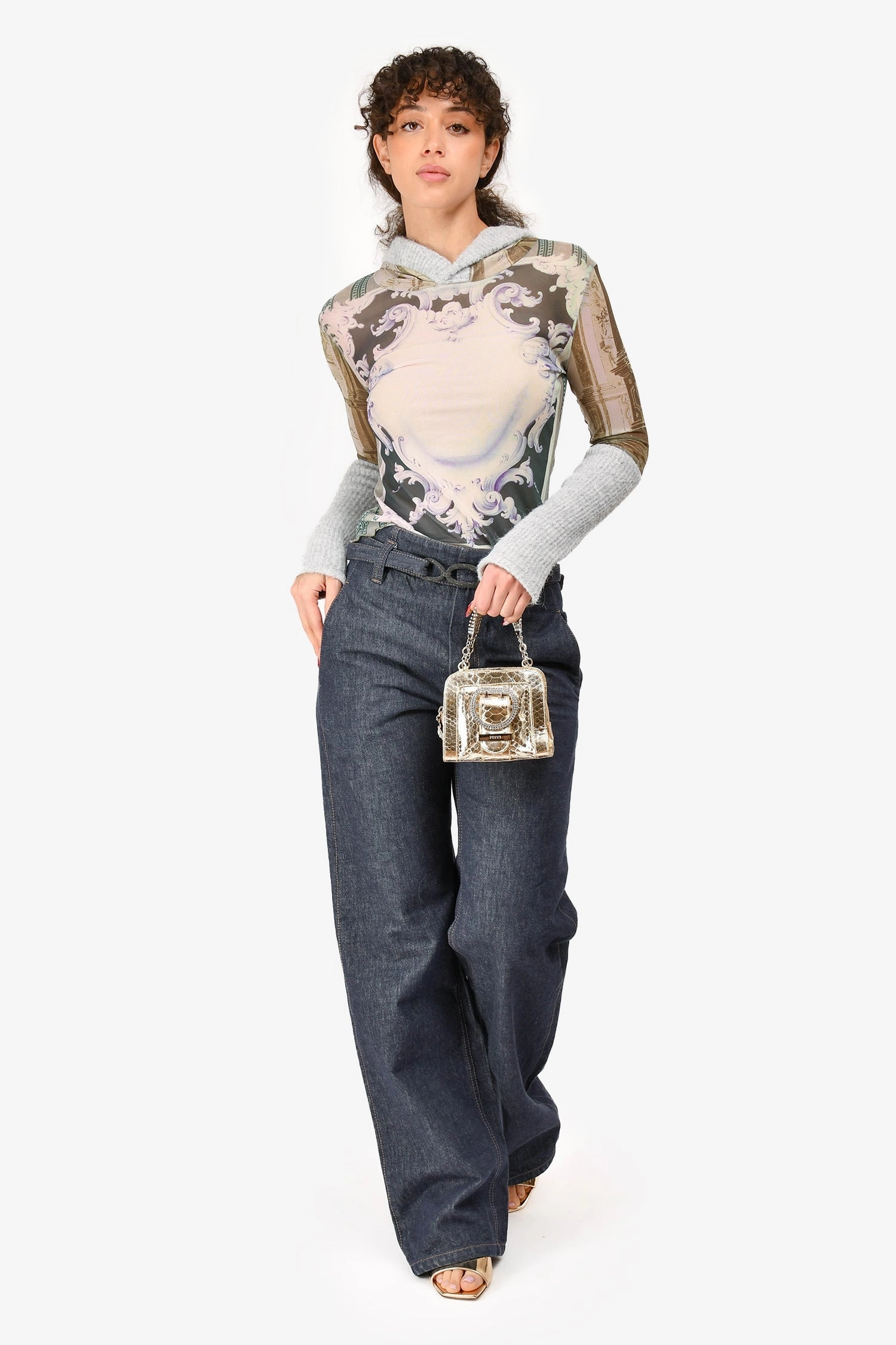 Emilio Pucci Gold Embossed Leather Crystal Embellished Mini Bag