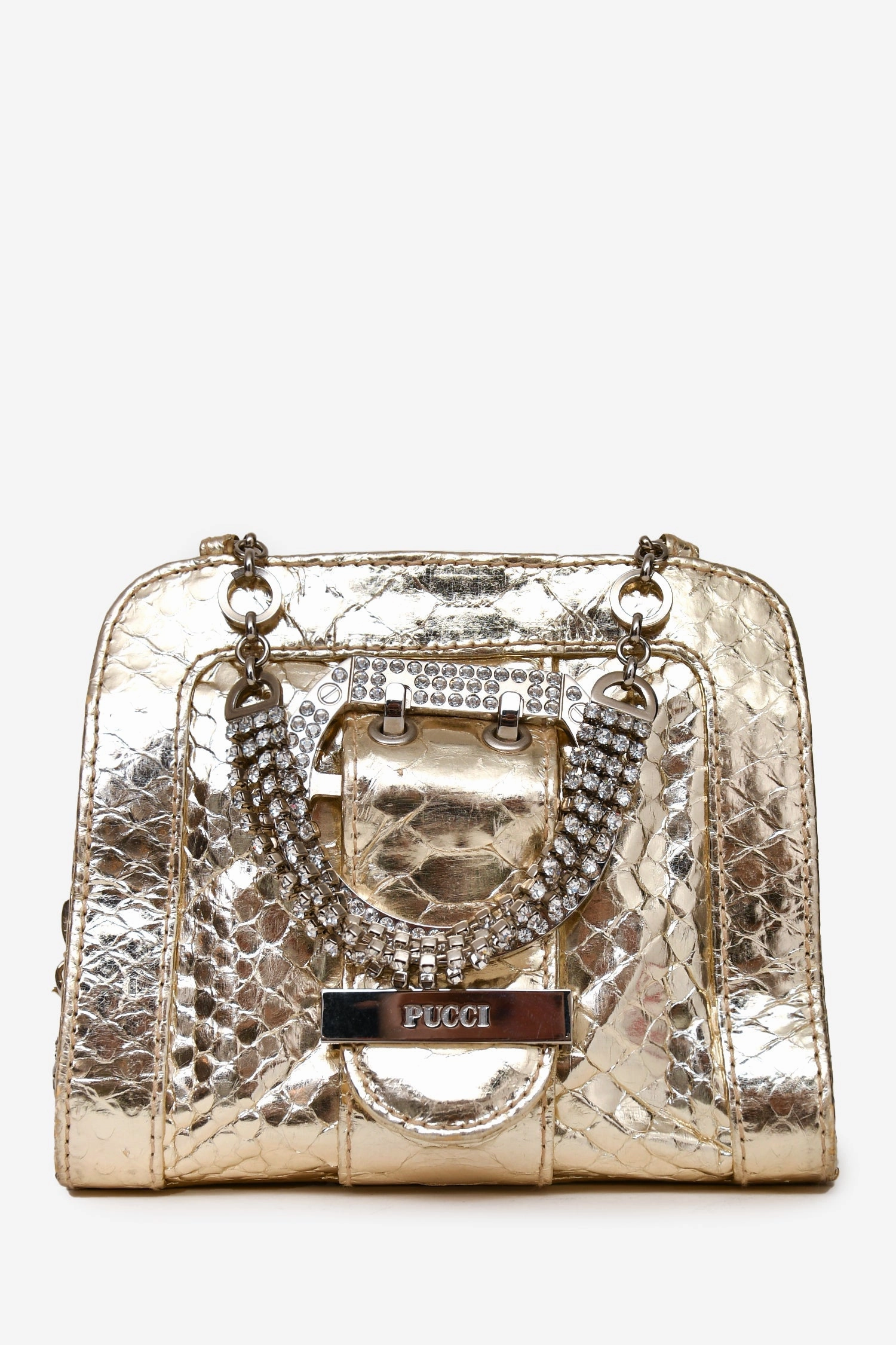 Emilio Pucci Gold Embossed Leather Crystal Embellished Mini Bag