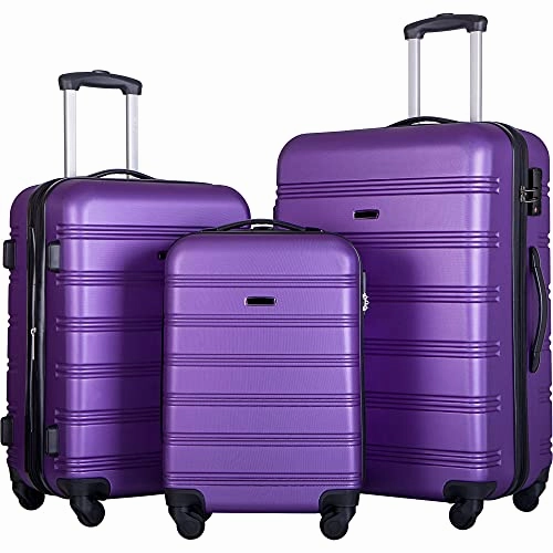 Expandable 3 Piece Luggage Sets Hardside Durable Suitcase with Spinner Wheels TSA Lock, 3 Pcs Carry On Case Travel Home Outdoor School Lightweight Trolley Case ( 20" 24" 28" Purple)