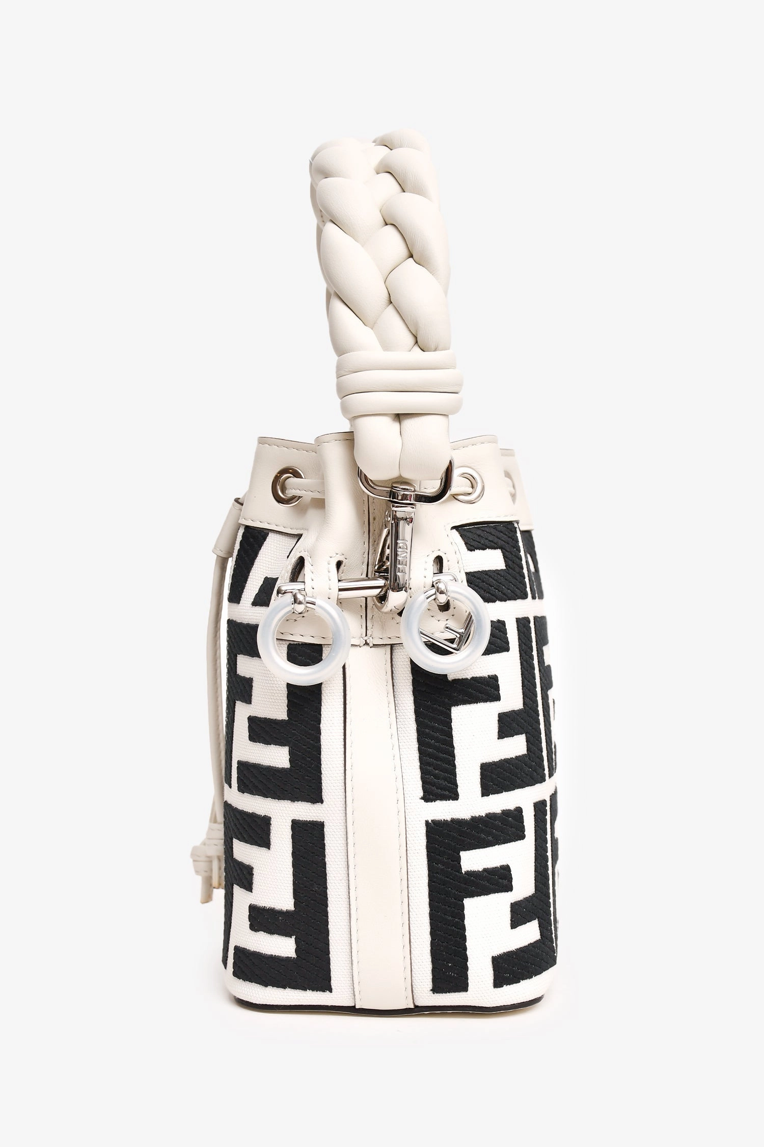 Fendi White/Black Leather/Canvas Mon Tresor Mini Bag with Strap
