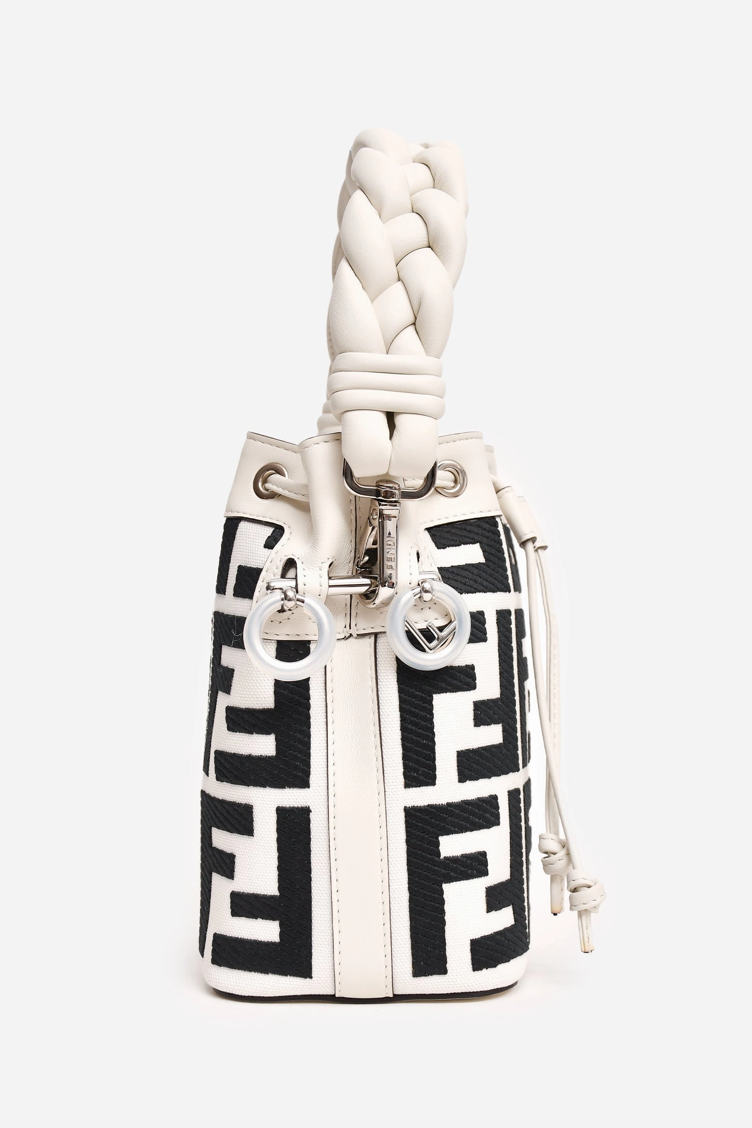 Fendi White/Black Leather/Canvas Mon Tresor Mini Bag with Strap