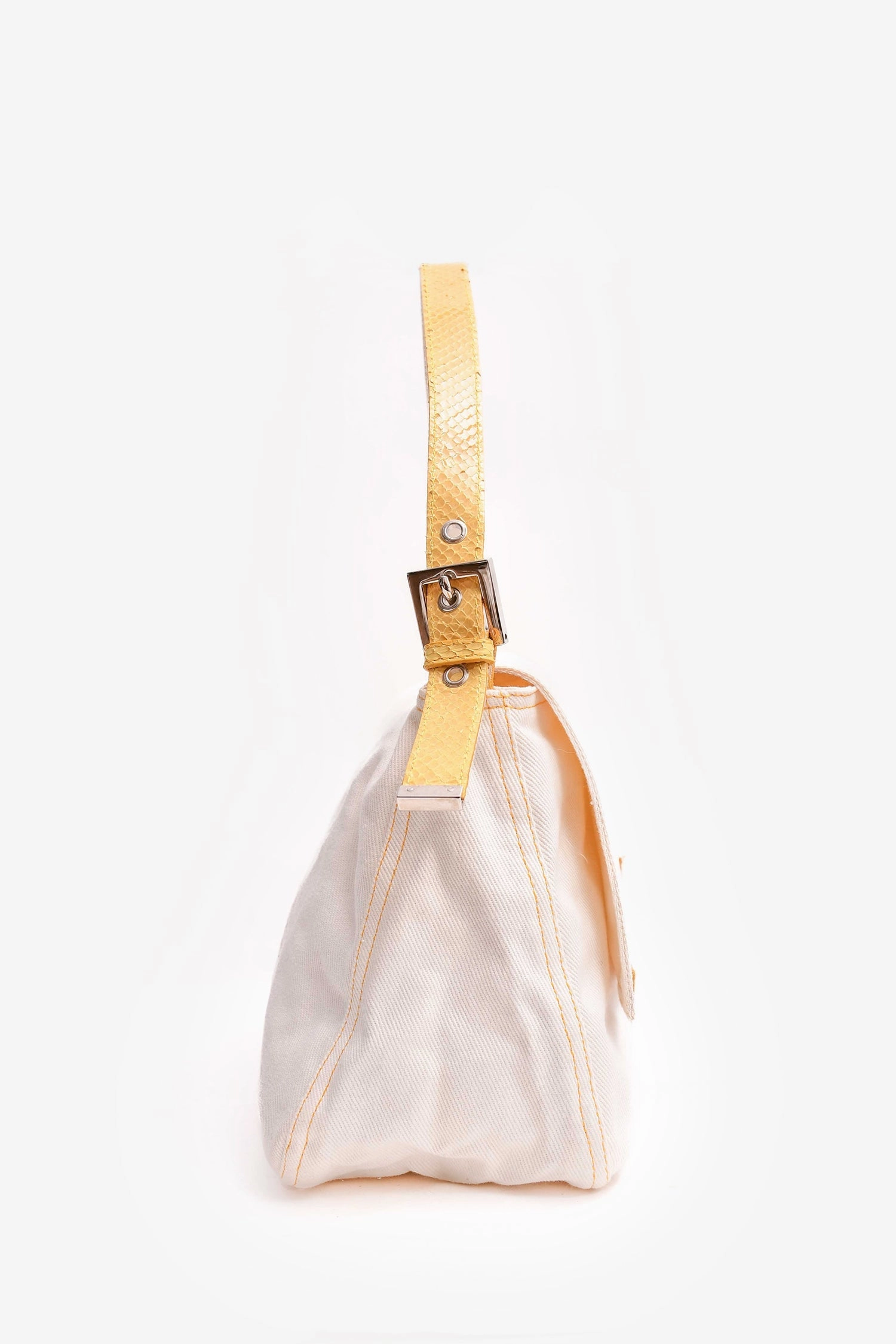 Fendi White Denim/Yellow Python Top Stitched Mamma Baguette Bag