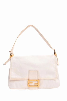 Fendi White Denim/Yellow Python Top Stitched Mamma Baguette Bag