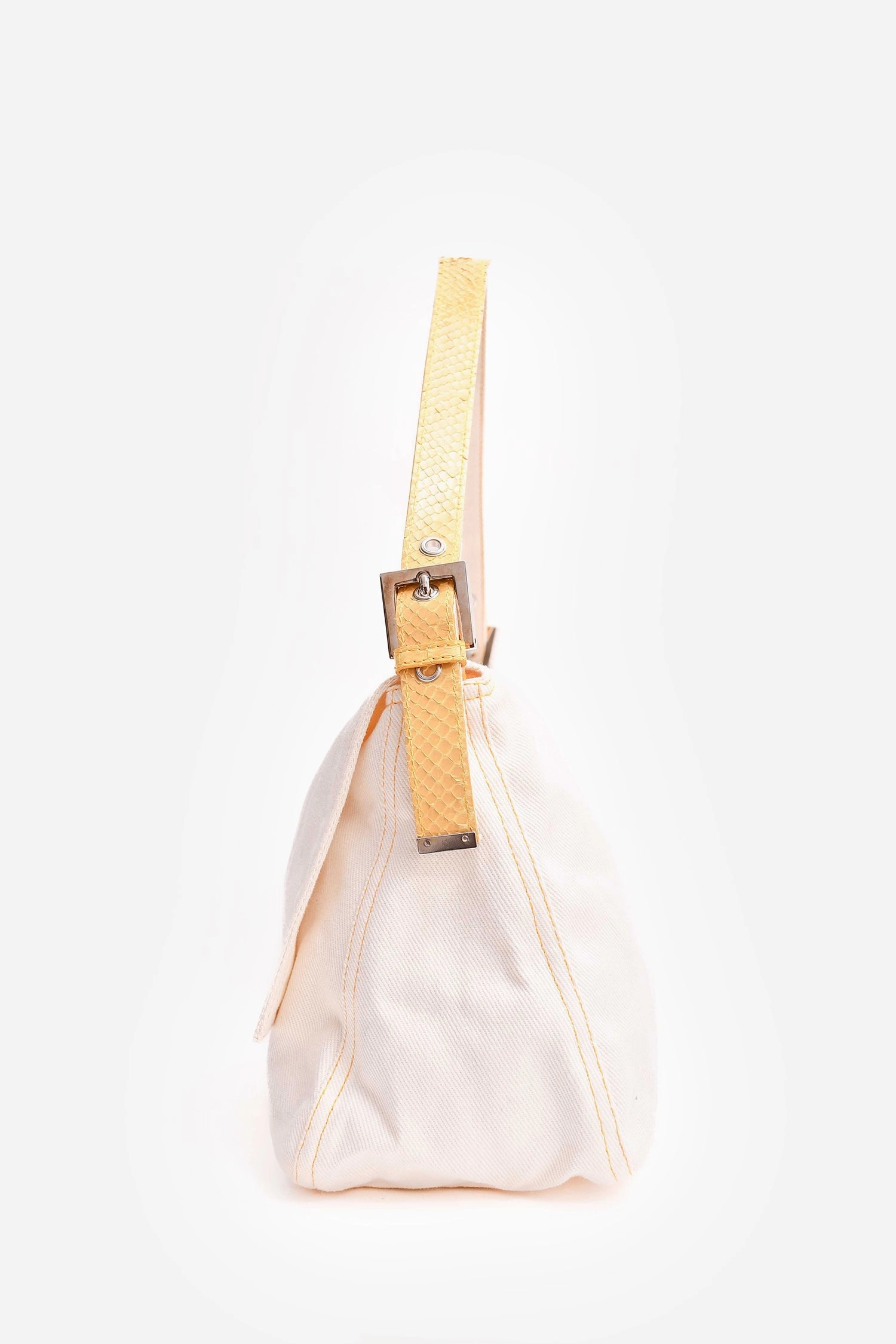 Fendi White Denim/Yellow Python Top Stitched Mamma Baguette Bag