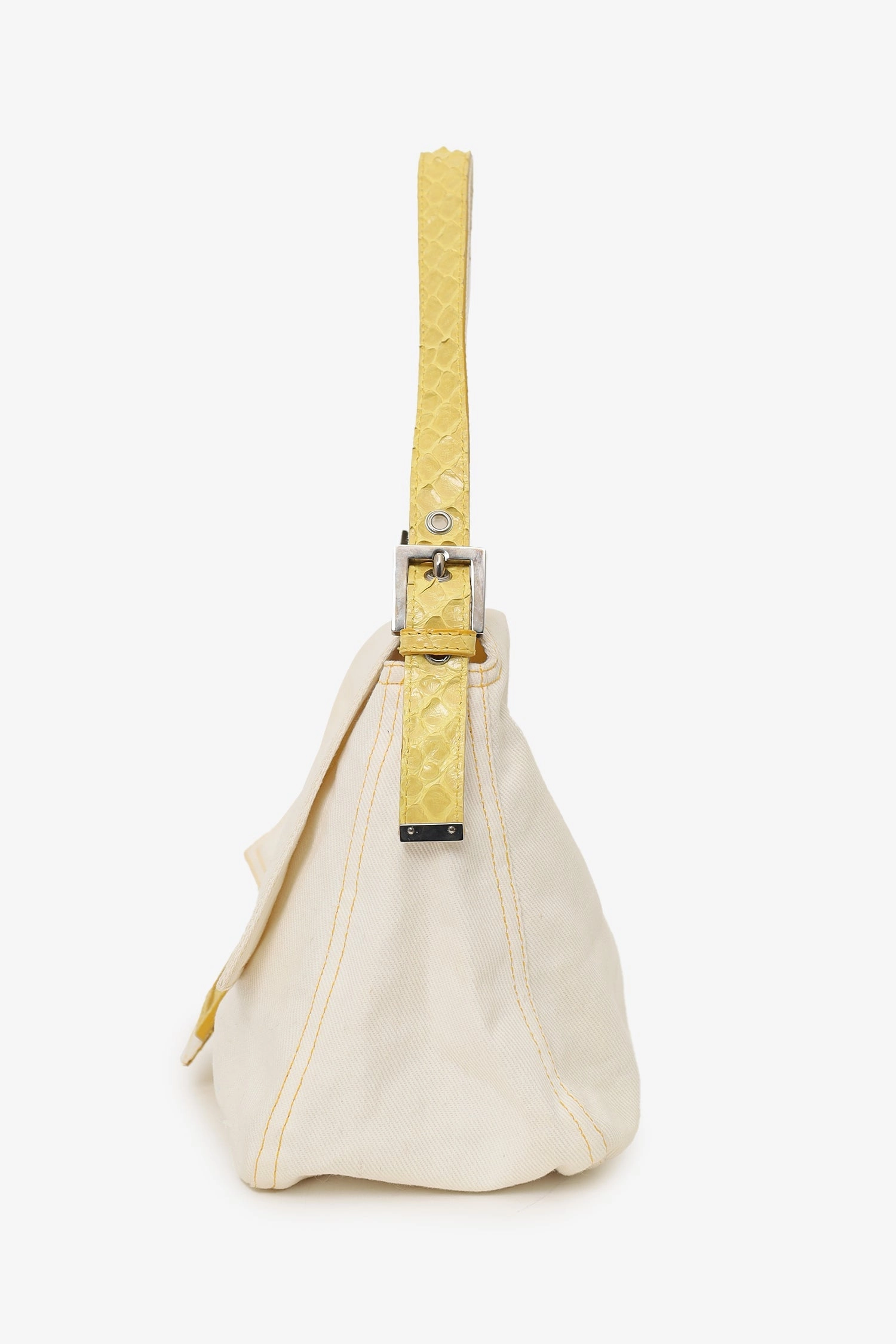 Fendi White Denim/Yellow Python Top Stitched Mamma Baguette Bag