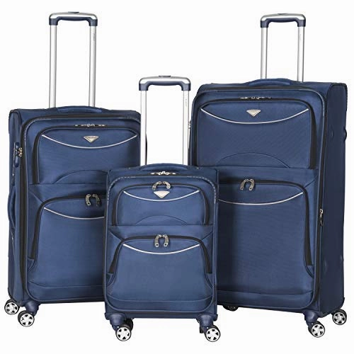 Flight Knight Lightweight 8 Wheel 1680D Soft Case Suitcases Maximum Size For Delta, United and SkyWest - Cabin   Medium   Large Navy FK0042_3SET