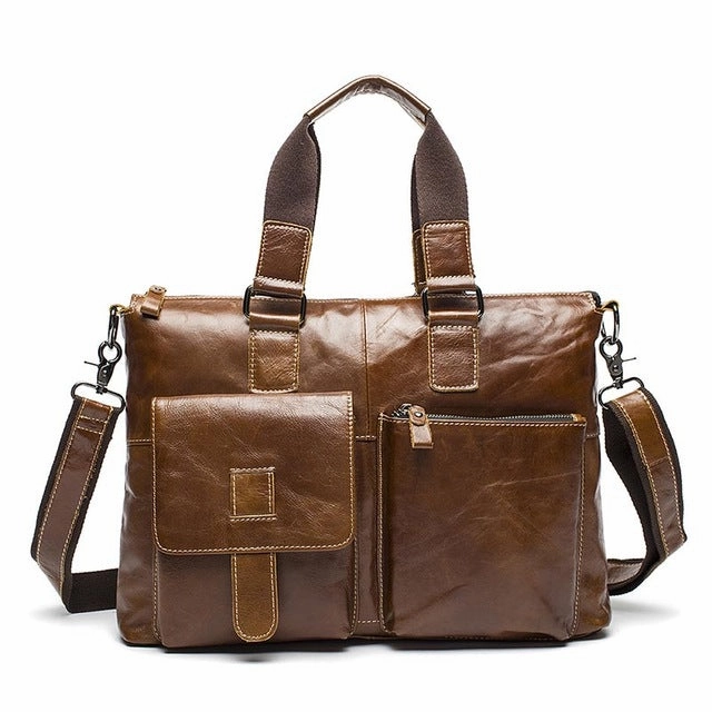 Genuine Leather Business Briefcase Laptop Handbag High Capacity Shoulder Bags Natural Cowhide