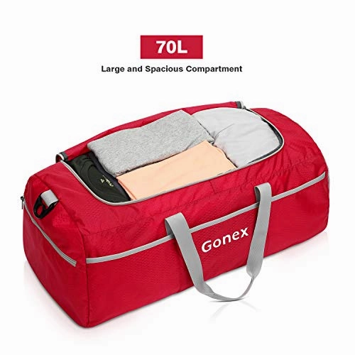 Gonex 70L Packable Travel Duffle, Lightweight Luggage Duffel Sports Gym Bag with Shoe Compartment Red