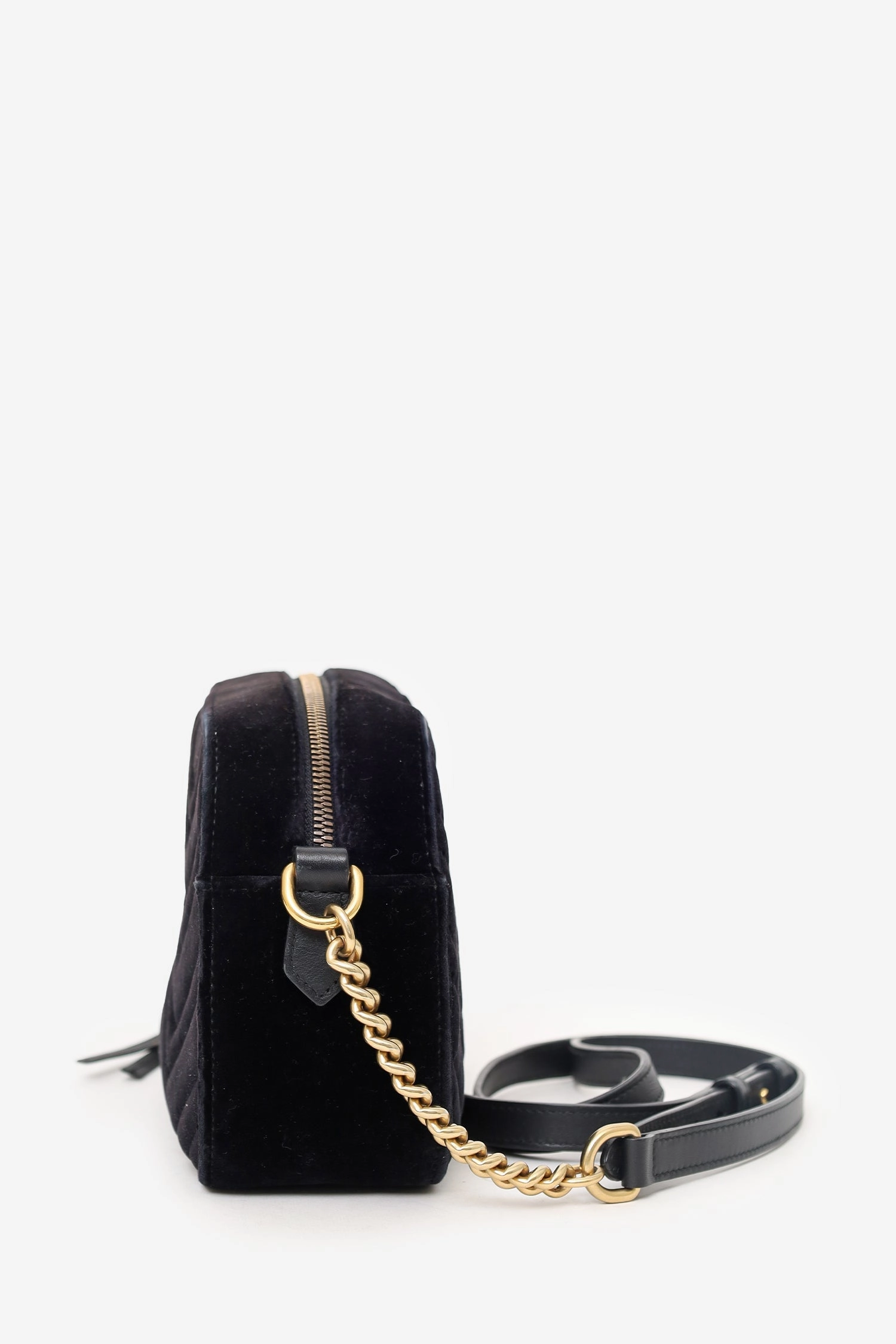 Gucci Black Velvet Chevron Quilted GG Marmont Camera Crossbody Bag