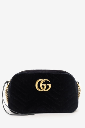 Gucci Black Velvet Chevron Quilted GG Marmont Camera Crossbody Bag