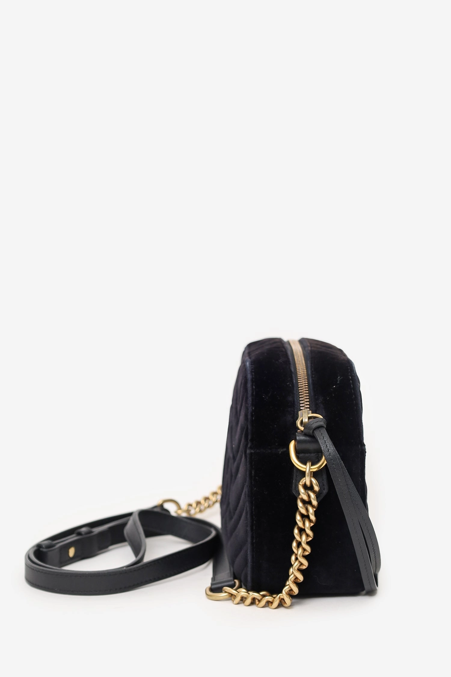 Gucci Black Velvet Chevron Quilted GG Marmont Camera Crossbody Bag