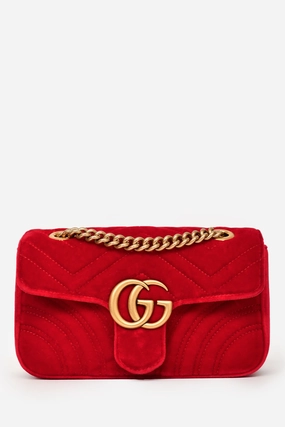 Gucci Red Velvet Small Marmont Chain Shoulder Bag