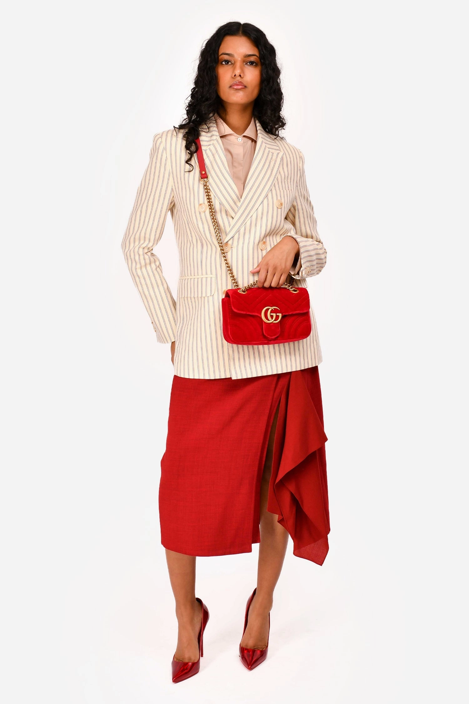Gucci Red Velvet Small Marmont Chain Shoulder Bag