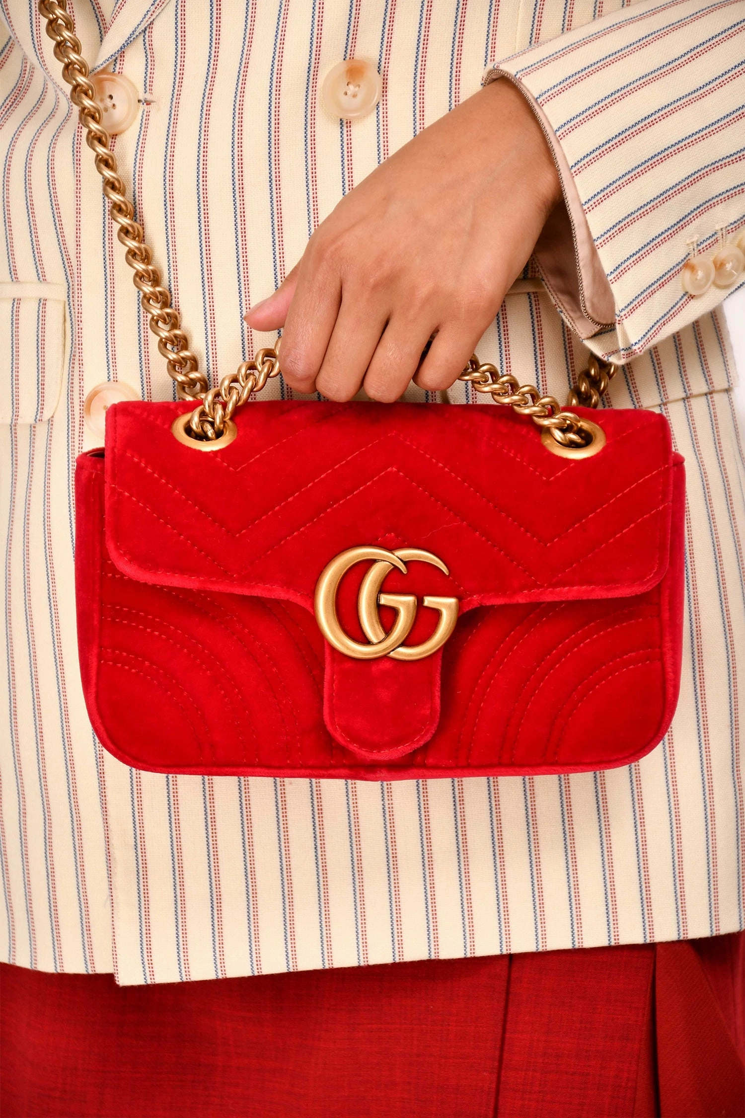 Gucci Red Velvet Small Marmont Chain Shoulder Bag