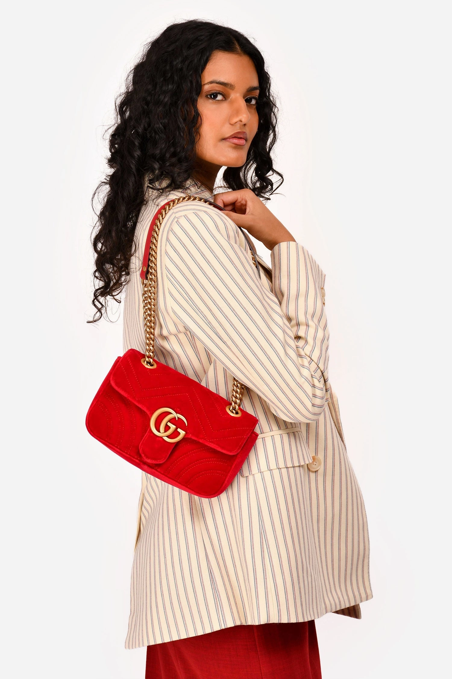 Gucci Red Velvet Small Marmont Chain Shoulder Bag