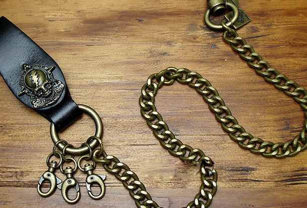 Handmade Motorcycle biker wallet key chain punk black heavy beige leather detachable