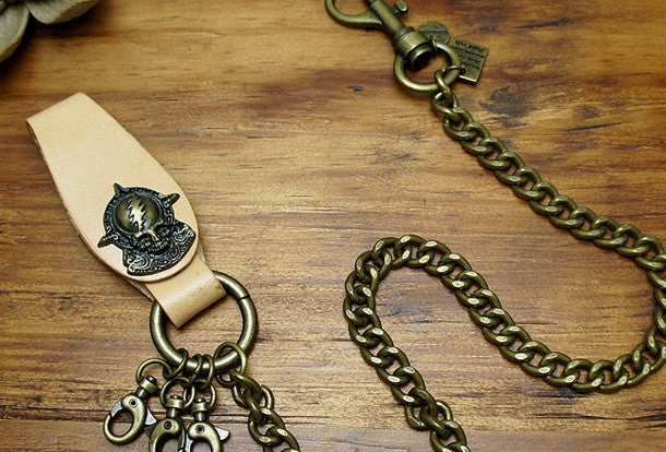 Handmade Motorcycle biker wallet key chain punk black heavy beige leather detachable