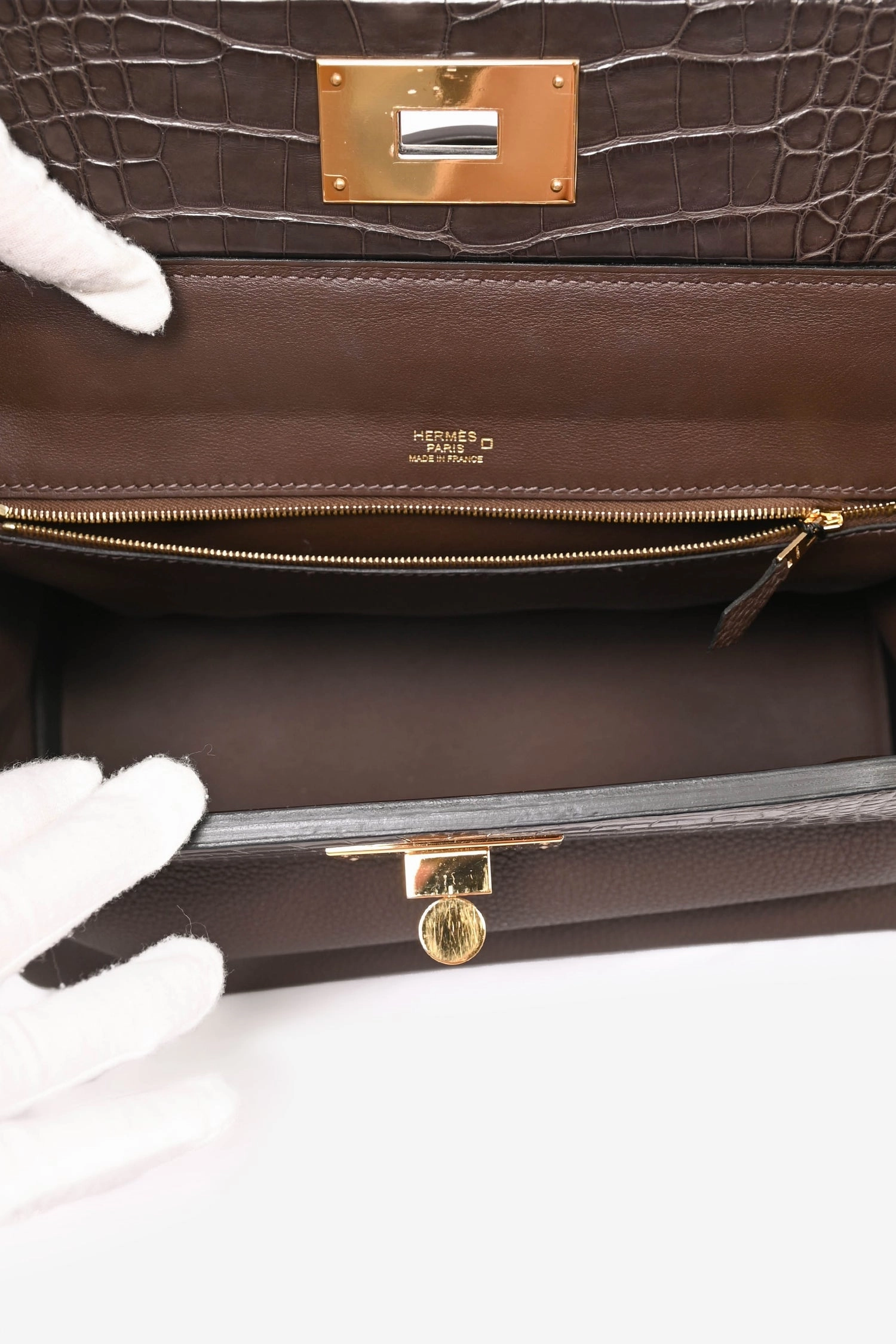 Herms 2021 Brown 'Ebene' Togo Leather/Matte Alligator Touch 24/24 29 Top Handle GHW w/ Strap