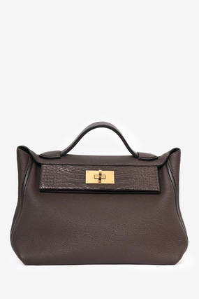 Herms 2021 Brown 'Ebene' Togo Leather/Matte Alligator Touch 24/24 29 Top Handle GHW w/ Strap