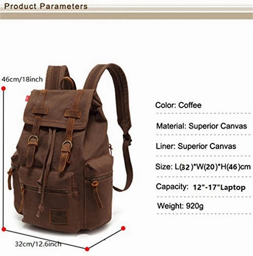 High Capacity Canvas Vintage Backpack - for School Hiking Travel 12-17" Laptop