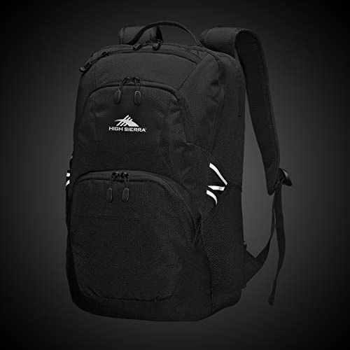 High Sierra Swoop SG Kids College School Backpack Book Bag Travel Laptop Bag with Drop Protection Pocket, Tablet Sleeve, and 360 Reflectivity, Black