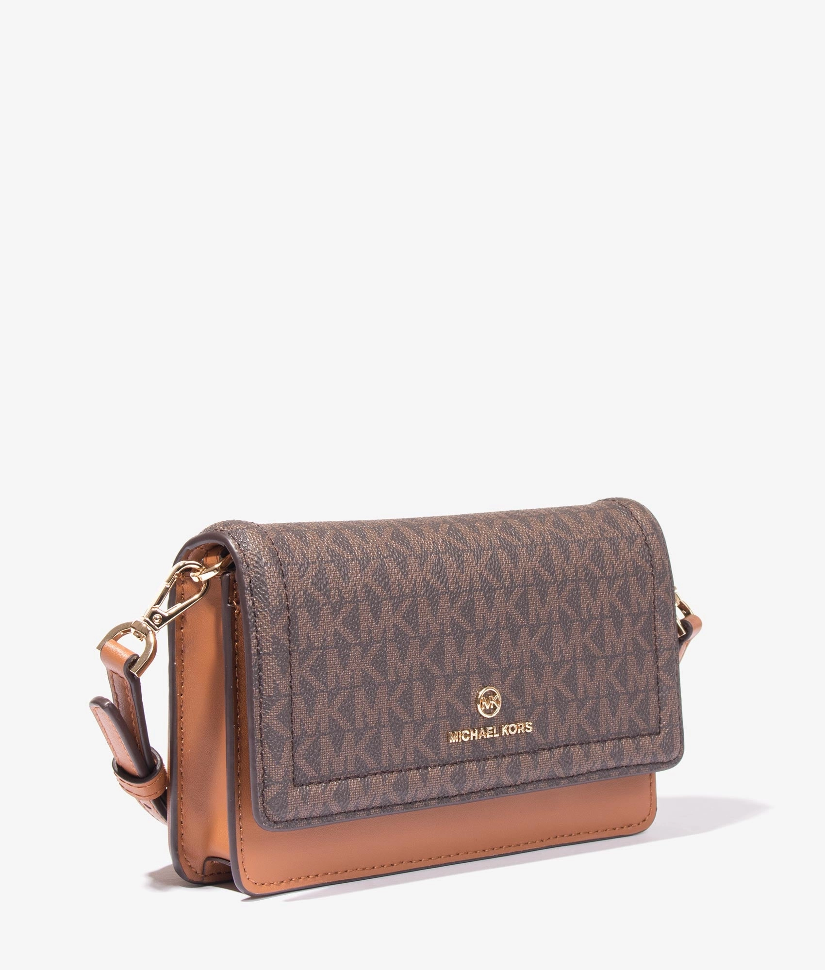 Jet set soft leather phone crossbody in brown & acorn