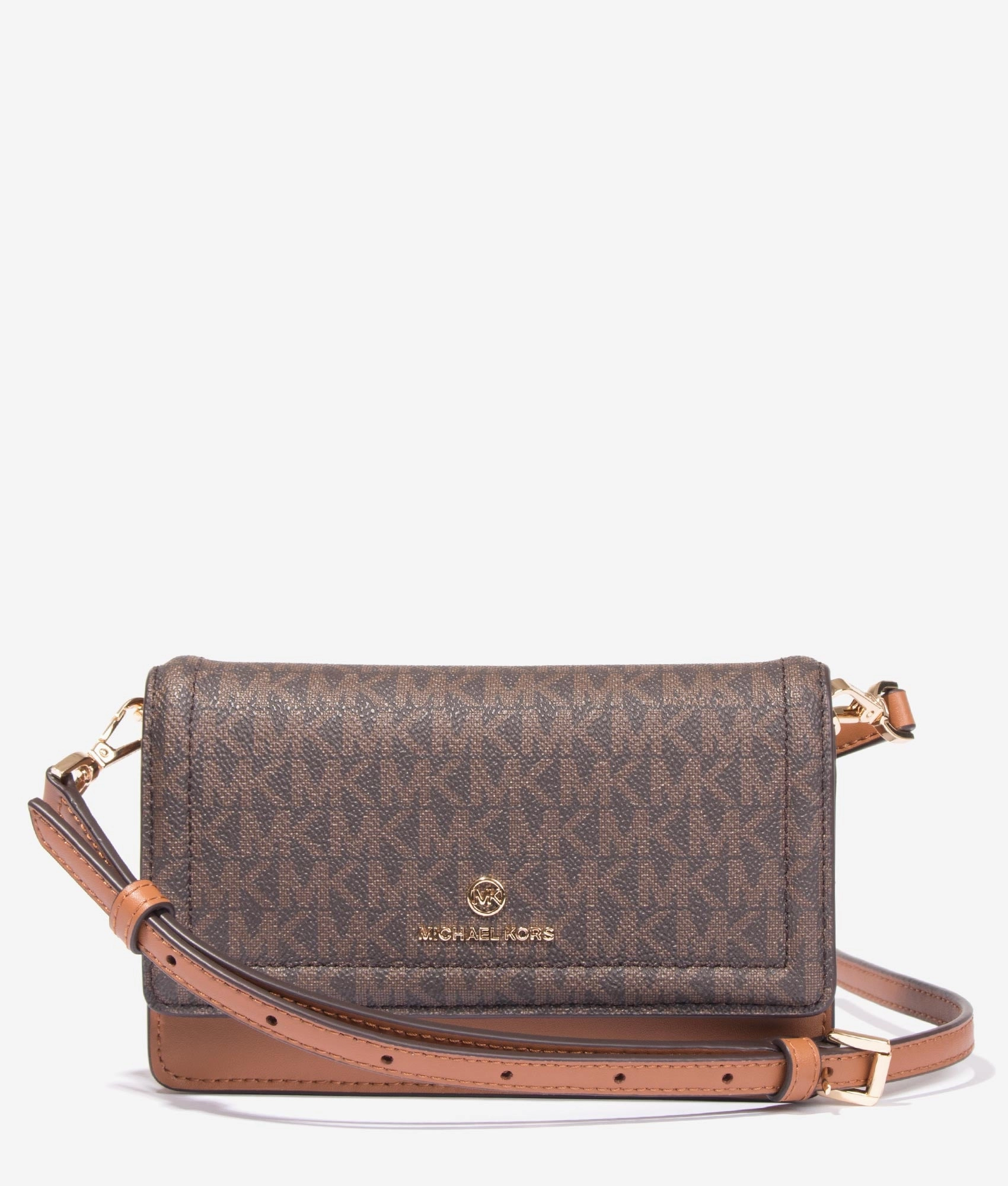 Jet set soft leather phone crossbody in brown & acorn