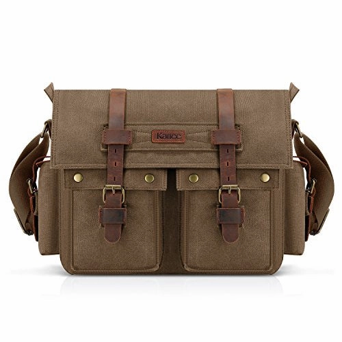 Kattee Unisex's Classic Military Canvas Shoulder Messenger Bag Leather Straps Fit 16" Laptop