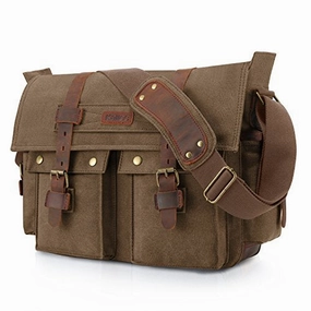 Kattee Unisex's Classic Military Canvas Shoulder Messenger Bag Leather Straps Fit 16" Laptop