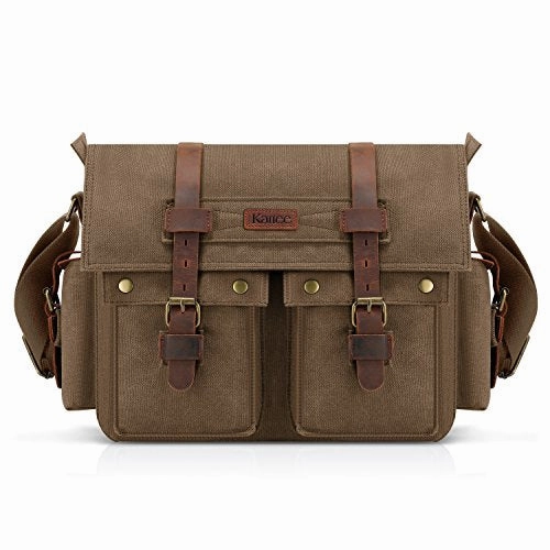 Kattee Unisex's Classic Military Canvas Shoulder Messenger Bag Leather Straps Fit 16" Laptop