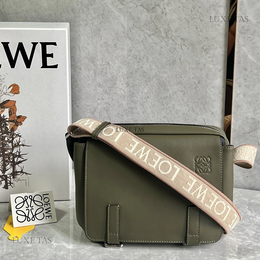 Khaki Green Xs Military Messenger Bag In Supple Smooth Calfskin And Jacquard Leather Crossbody Bag for Men