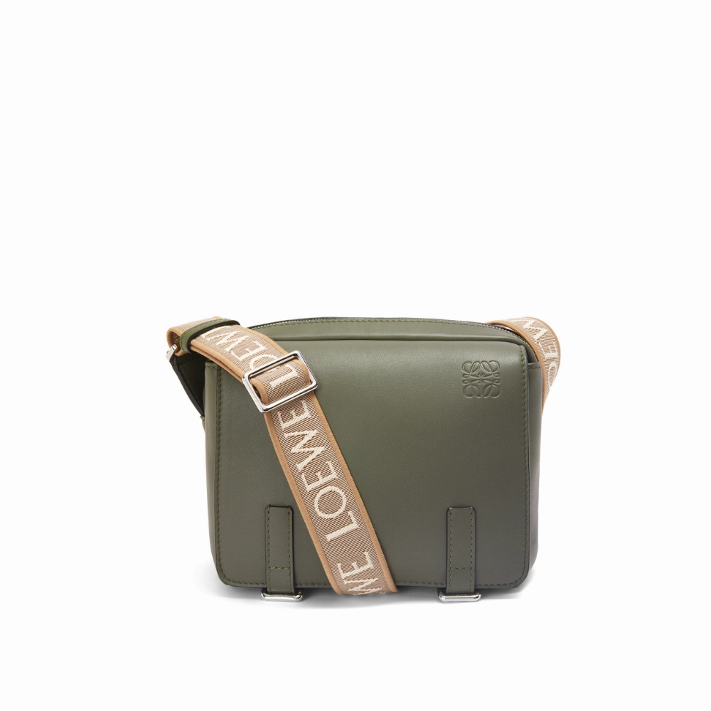 Khaki Green Xs Military Messenger Bag In Supple Smooth Calfskin And Jacquard Leather Crossbody Bag for Men