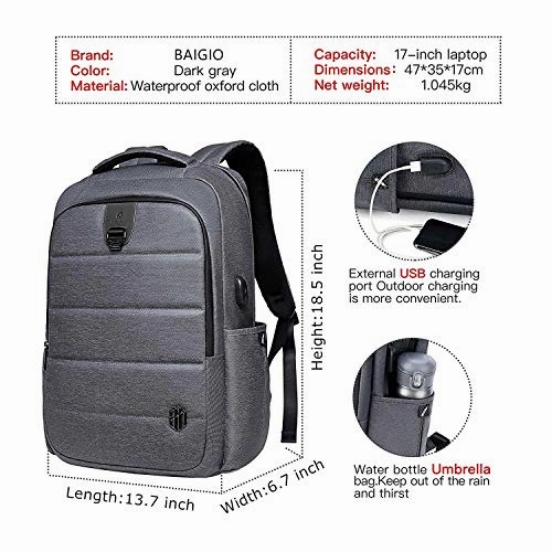 Laptop Backpack 17 Inch Travel Computer Pack Bag with USB Charging Port Waterproof Oxford College