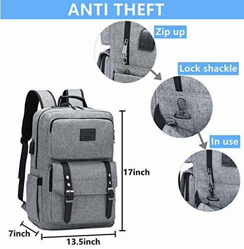 Laptop Backpack Women Men College Backpacks Bookbag Vintage Backpack Book Bag Fashion Back Pack Anti Theft Travel Backpacks with Charging Port fit 15.6 Inch Laptop Grey