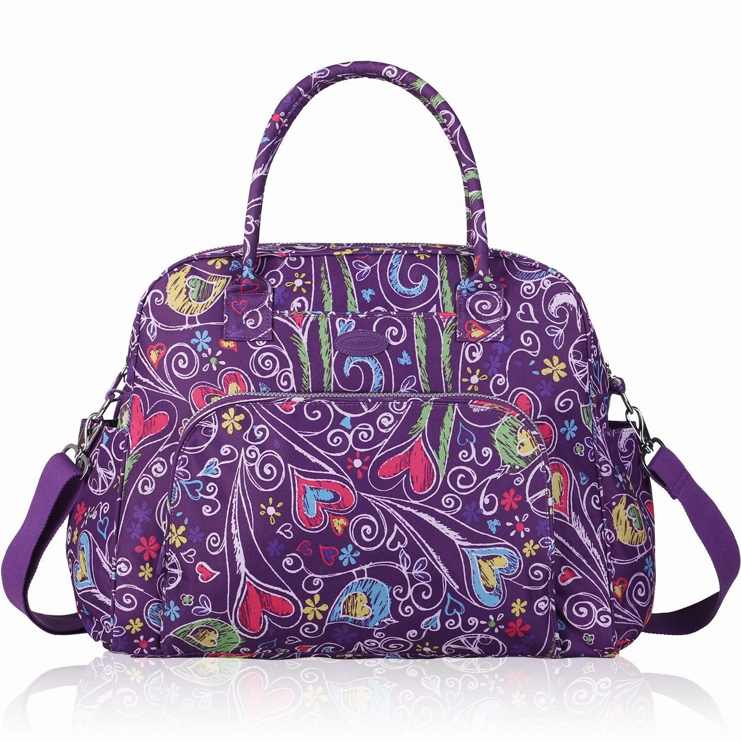 Lily & Drew Carry On Weekender Overnight Travel Shoulder Bag for 15.6 Inch Laptop Computers for Women (Purple-Peace-Hearts)