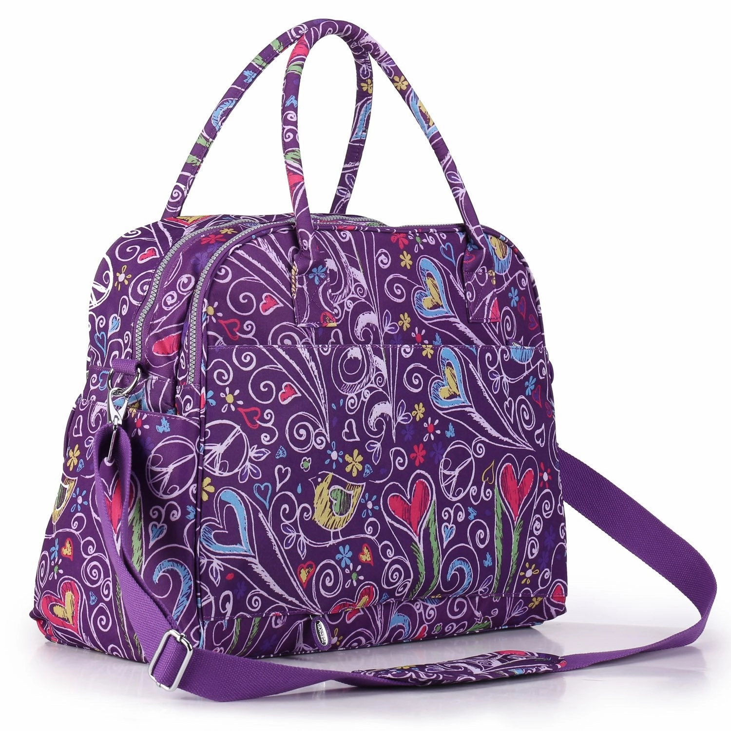 Lily & Drew Carry On Weekender Overnight Travel Shoulder Bag for 15.6 Inch Laptop Computers for Women (Purple-Peace-Hearts)