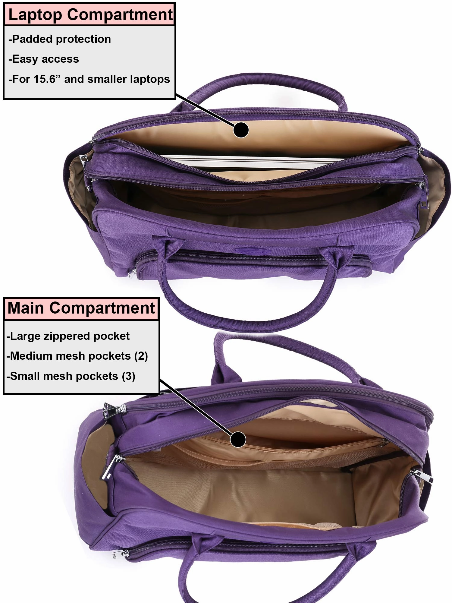 Lily & Drew Carry On Weekender Overnight Travel Shoulder Bag for 15.6 Inch Laptop Computers for Women (Purple-Peace-Hearts)