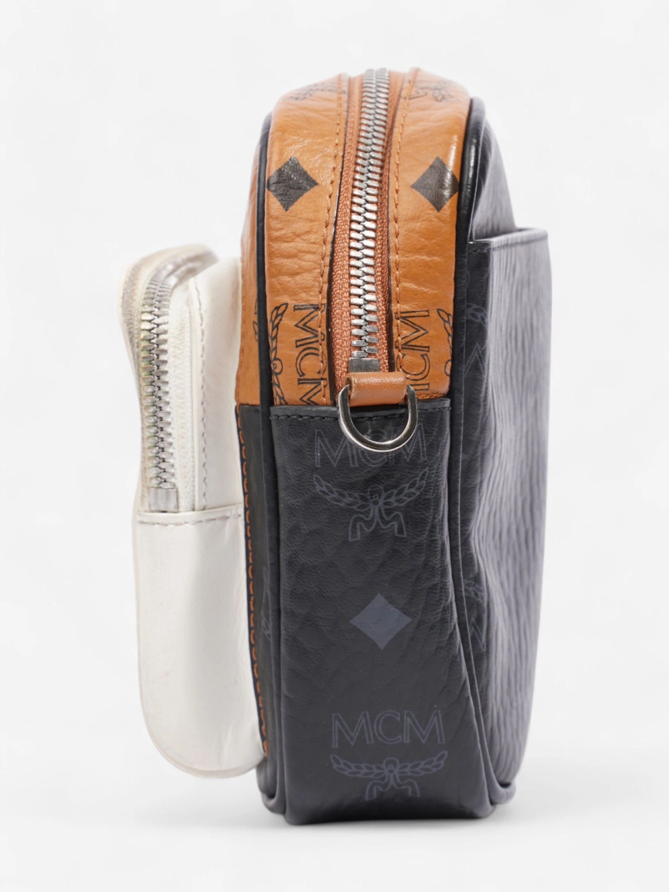 MCM Klassik Crossbody Black / Brown / White Coated Canvas Small