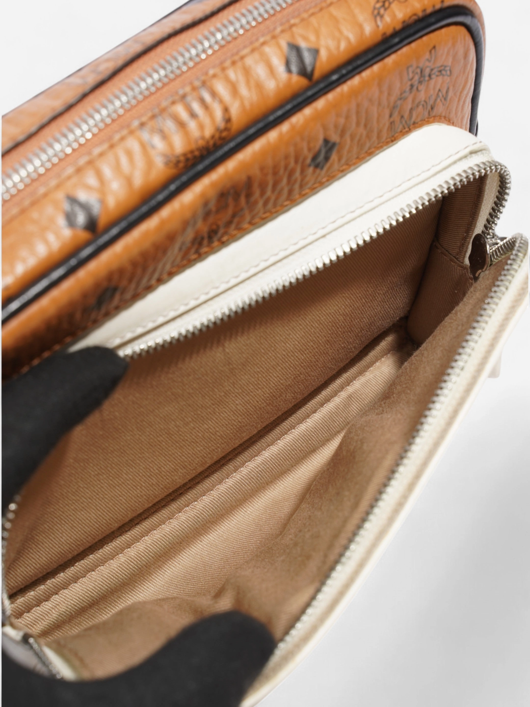MCM Klassik Crossbody Black / Brown / White Coated Canvas Small