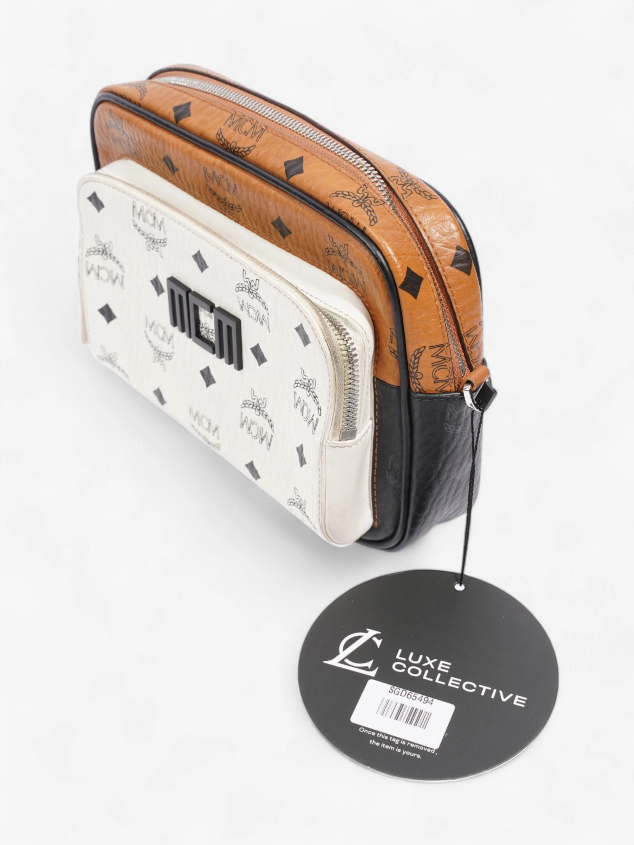 MCM Klassik Crossbody Black / Brown / White Coated Canvas Small
