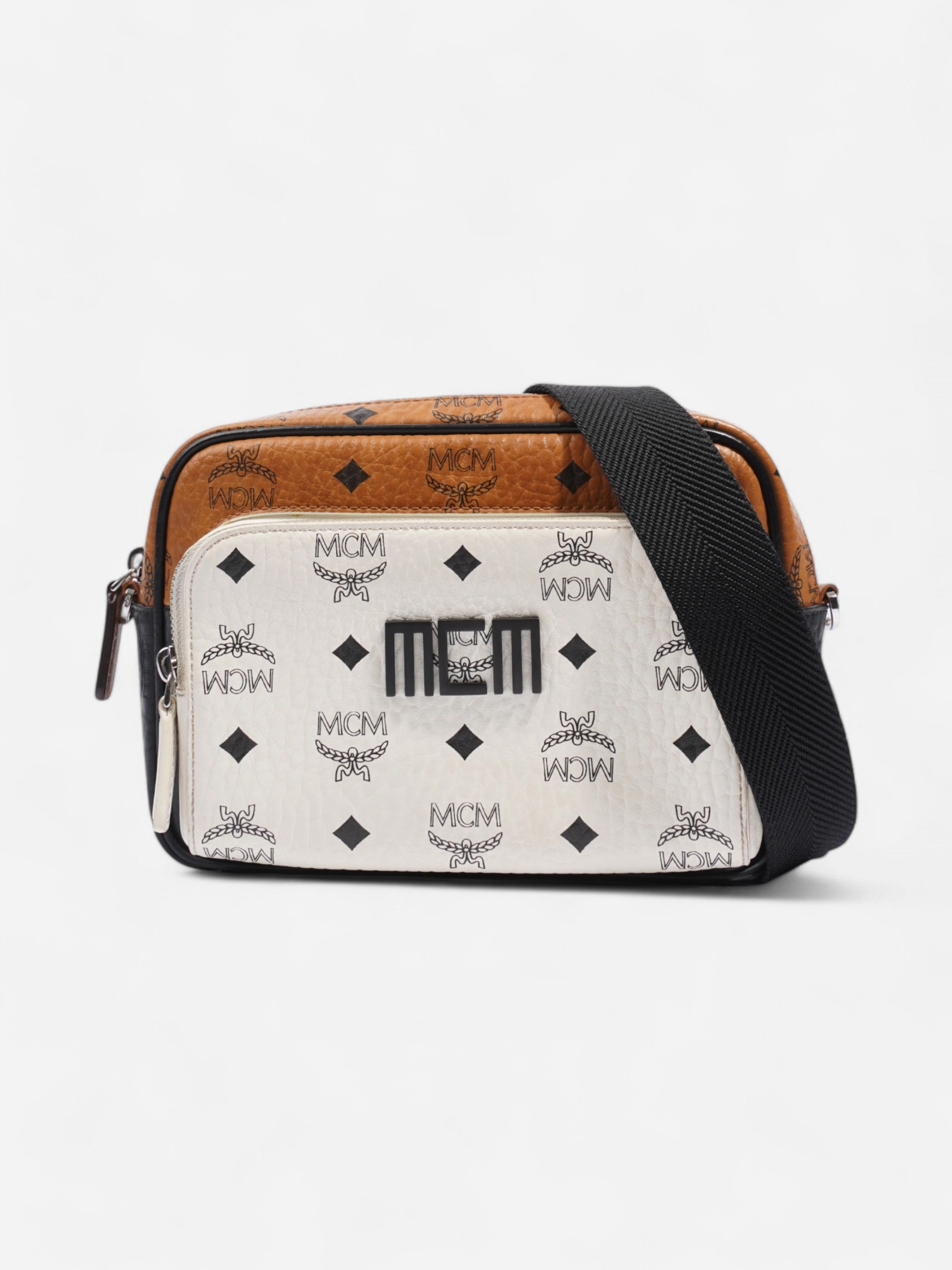 MCM Klassik Crossbody Black / Brown / White Coated Canvas Small