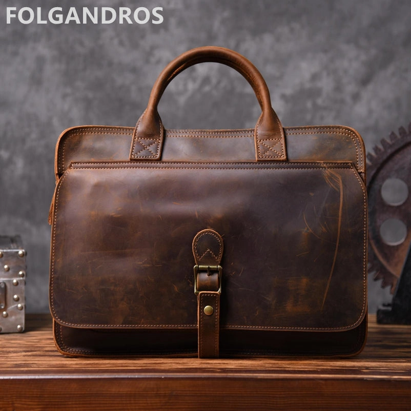 Men Brand Vintage Briefcases Genuine Leather Business Document Computer Briefcase Large Capacity