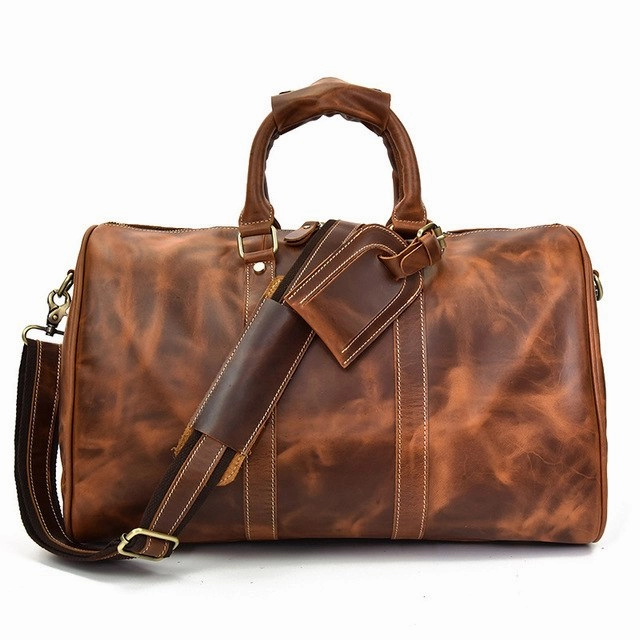Men Genuine Leather Luggage Travel Bags Overnight Duffel Hangdbag Weekend High-Capacity Tote Boston