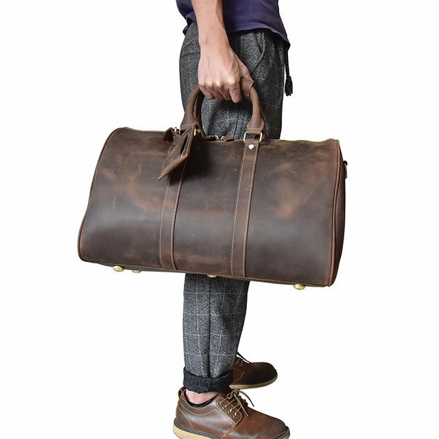 Men Genuine Leather Luggage Travel Bags Overnight Duffel Hangdbag Weekend High-Capacity Tote Boston