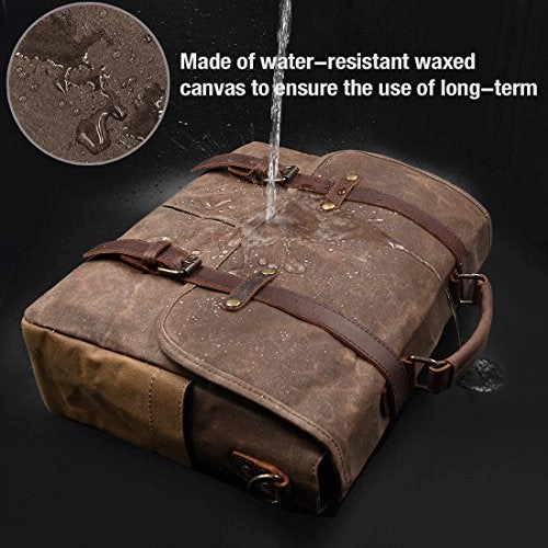 Mens Messenger Bag 15.6 Inch Waterproof Vintage Genuine Leather Waxed Canvas Briefcase Large Satchel Shoulder Bag Rugged Leather Computer Laptop Bag, Brown