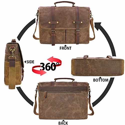 Mens Messenger Bag 15.6 Inch Waterproof Vintage Genuine Leather Waxed Canvas Briefcase Large Satchel Shoulder Bag Rugged Leather Computer Laptop Bag, Brown