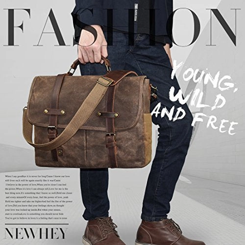 Mens Messenger Bag 15.6 Inch Waterproof Vintage Genuine Leather Waxed Canvas Briefcase Large Satchel Shoulder Bag Rugged Leather Computer Laptop Bag, Brown
