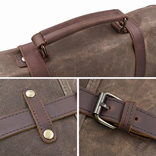 Mens Messenger Bag 15.6 Inch Waterproof Vintage Genuine Leather Waxed Canvas Briefcase Large Satchel Shoulder Bag Rugged Leather Computer Laptop Bag, Brown