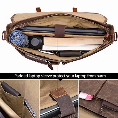 Mens Messenger Bag 15.6 Inch Waterproof Vintage Genuine Leather Waxed Canvas Briefcase Large Satchel Shoulder Bag Rugged Leather Computer Laptop Bag, Brown