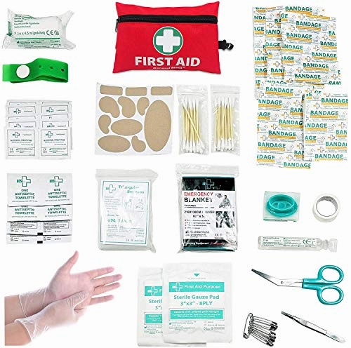 Mini First Aid Kit, 110 Pieces Small First Aid Kit - Includes Emergency Foil Blanket, CPR Respirator, Scissors for Travel, Home, Office, Vehicle, Camping, Workplace & Outdoor (Red)